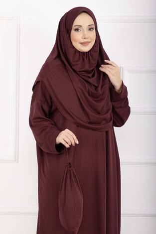 Taşıma Çantalı Tesettür Namaz Elbisesi Bordo - Thumbnail