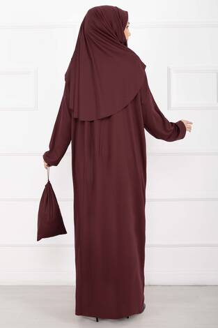 Taşıma Çantalı Tesettür Namaz Elbisesi Bordo - Thumbnail