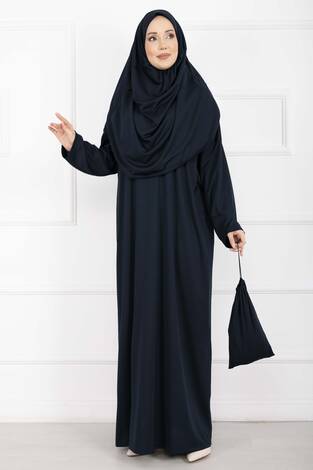 Taşıma Çantalı Tesettür Namaz Elbisesi Lacivert - Thumbnail