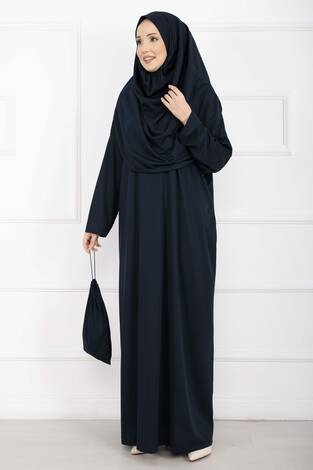 Taşıma Çantalı Tesettür Namaz Elbisesi Lacivert - Thumbnail
