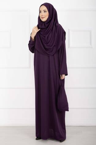 Taşıma Çantalı Tesettür Namaz Elbisesi Mor - Thumbnail