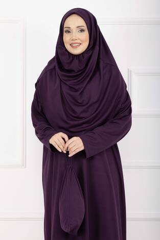 Taşıma Çantalı Tesettür Namaz Elbisesi Mor - Thumbnail