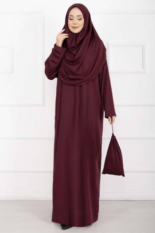Taşıma Çantalı Tesettür Namaz Elbisesi Şarabi - Thumbnail