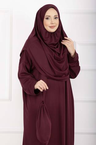 Taşıma Çantalı Tesettür Namaz Elbisesi Şarabi - Thumbnail