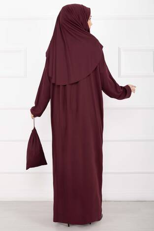 Taşıma Çantalı Tesettür Namaz Elbisesi Şarabi - Thumbnail