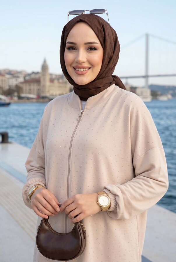 Znk - Taşlı Fermuarlı Tunik Pantolon İkili Takım Bej (1)