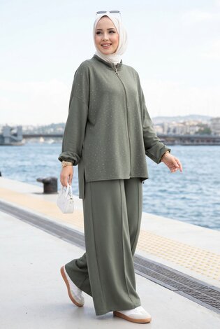 Taşlı Fermuarlı Tunik Pantolon İkili Takım Haki