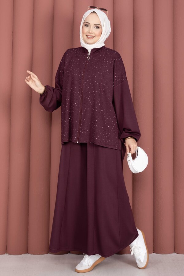 Taşlı Fermuarlı Tunik Pantolon İkili Takım Mürdüm - 5