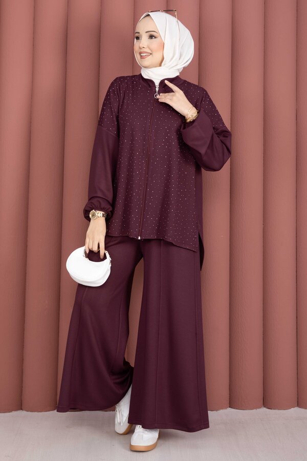 Taşlı Fermuarlı Tunik Pantolon İkili Takım Mürdüm - 3
