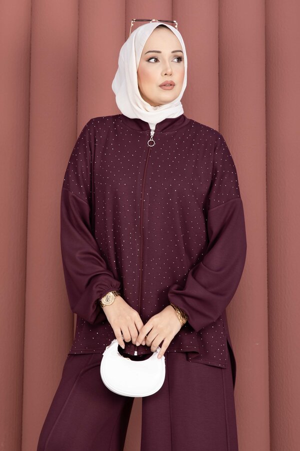 Znk - Taşlı Fermuarlı Tunik Pantolon İkili Takım Mürdüm (1)