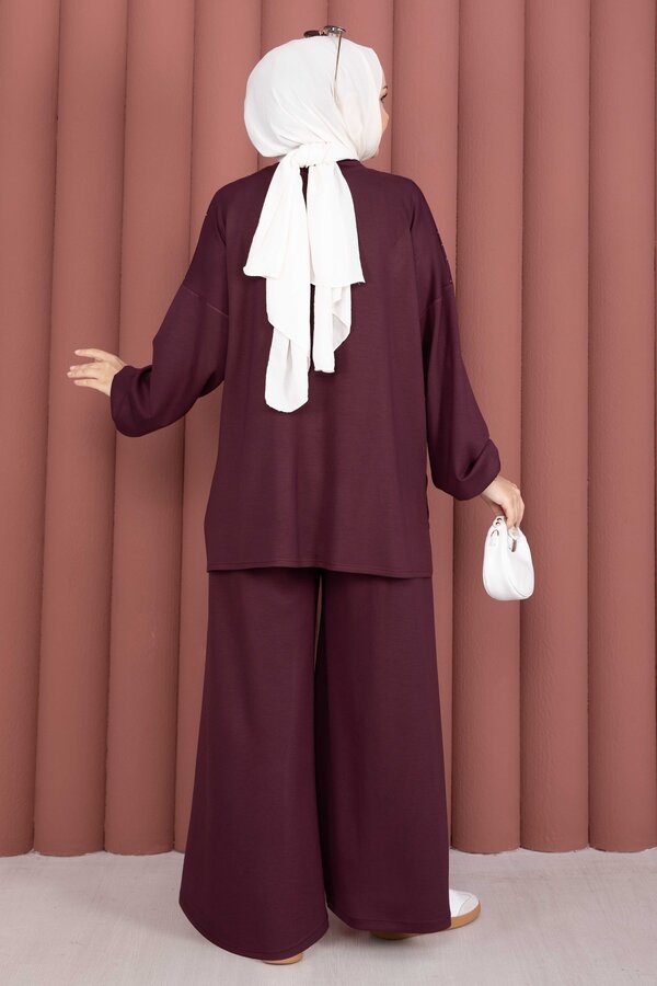 Taşlı Fermuarlı Tunik Pantolon İkili Takım Mürdüm - 6