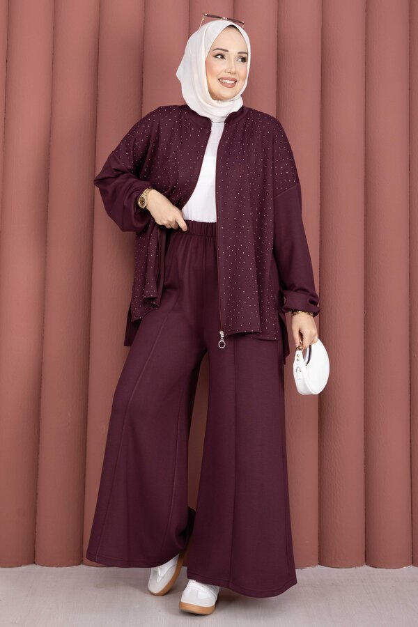 Taşlı Fermuarlı Tunik Pantolon İkili Takım Mürdüm - 4