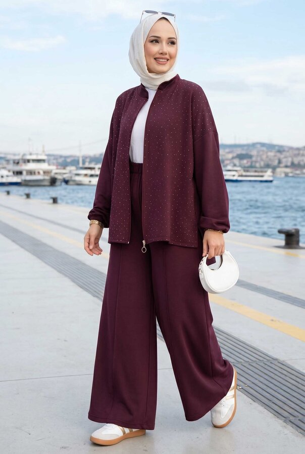 Znk - Taşlı Fermuarlı Tunik Pantolon İkili Takım Mürdüm