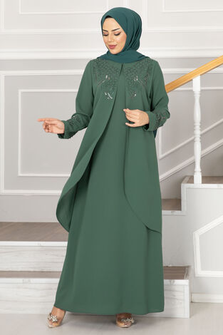 Taşlı Tesettür Cepken Elbise Yeşil - Thumbnail