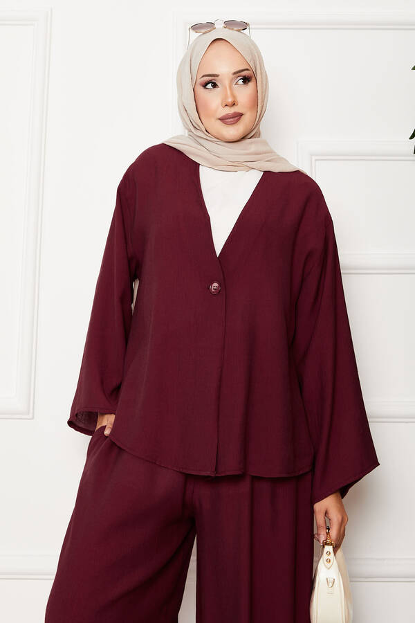 MD - Tek Düğme Detaylı Salaş İkili Takım Bordo (1)