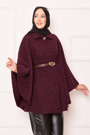 Tek Düğmeli Ve Kemerli Panço Bordo - Thumbnail