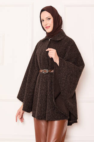 Tek Düğmeli Ve Kemerli Panço Kahve - Thumbnail