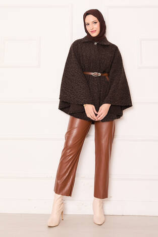 Tek Düğmeli Ve Kemerli Panço Kahve - Thumbnail