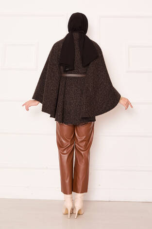 Tek Düğmeli Ve Kemerli Panço Kahve - Thumbnail