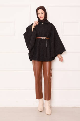 Tek Düğmeli Ve Kemerli Panço Siyah - Thumbnail