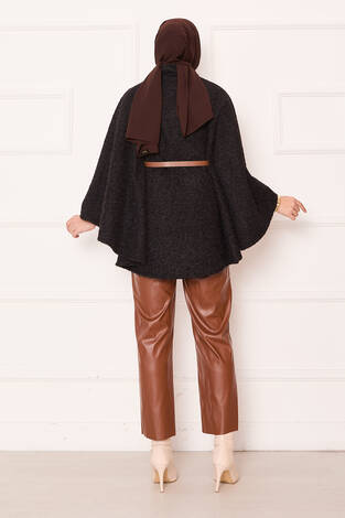 Tek Düğmeli Ve Kemerli Panço Siyah - Thumbnail