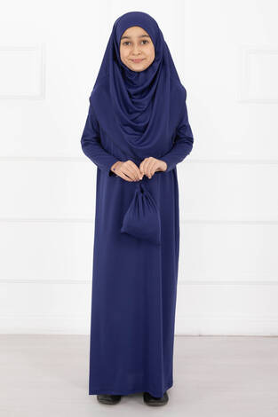 Tesettür Çocuk Namaz Elbisesi Saks - Thumbnail