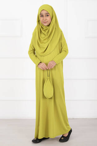 Tesettür Çocuk Namaz Elbisesi Yağ Yeşil - Thumbnail