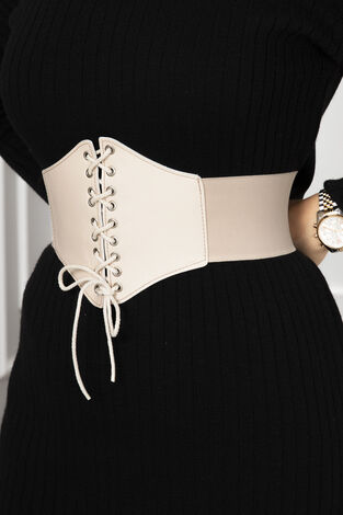 Bağcık Detaylı Tesettür Kemer Krem - Thumbnail