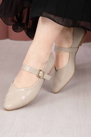 Tokalı Bant Detaylı Mary Jane Babet Ayakkabı Bej - Thumbnail
