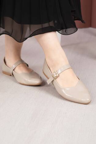 Tokalı Bant Detaylı Mary Jane Babet Ayakkabı Bej - Thumbnail