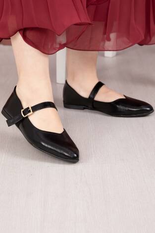 Tokalı Bant Detaylı Mary Jane Babet Ayakkabı Siyah - Thumbnail