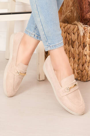 Tokalı Süet Loafer Ayakkabı Bej