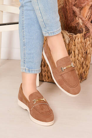Tokalı Süet Loafer Ayakkabı Taba - Thumbnail