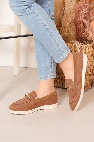 Tokalı Süet Loafer Ayakkabı Taba - Thumbnail