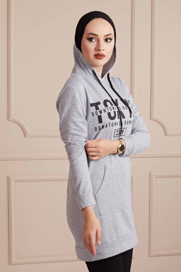 E - TOKYO Yazı Baskılı Spor Sweat 190E8767 Gri (1)