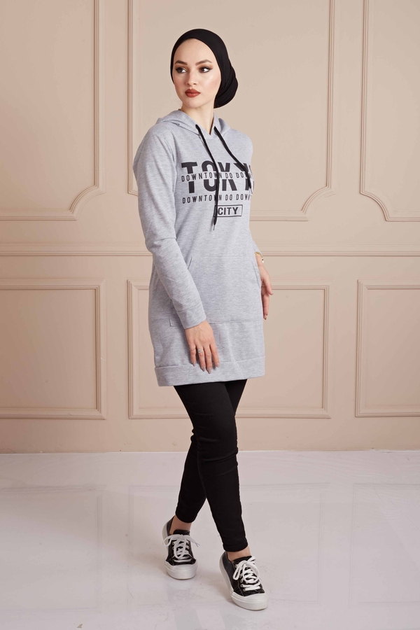 E - TOKYO Yazı Baskılı Spor Sweat 190E8767 Gri