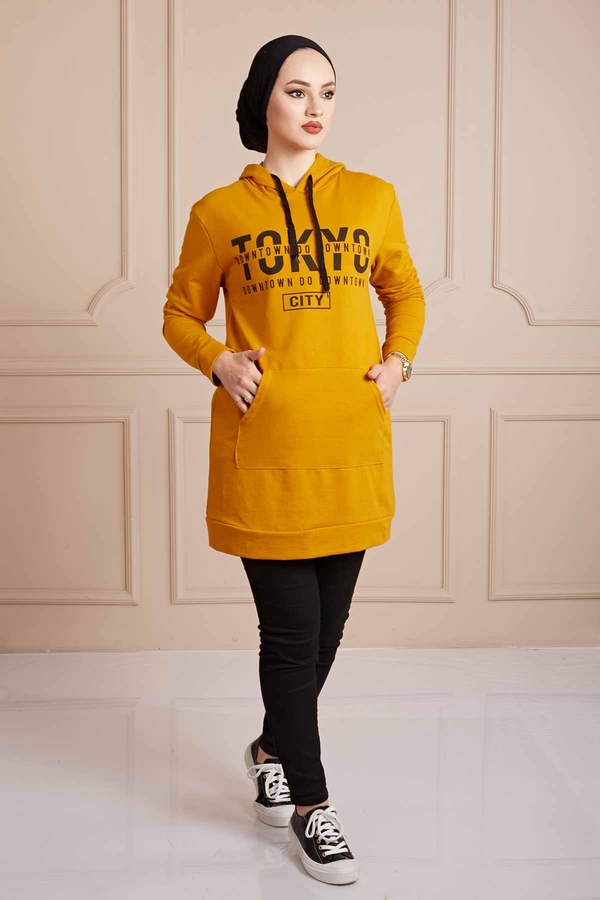 E - TOKYO Yazı Baskılı Spor Sweat 190E8767 Hardal