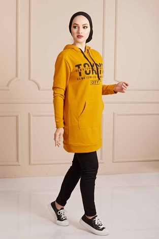 TOKYO Yazı Baskılı Spor Sweat 190E8767 Hardal - Thumbnail