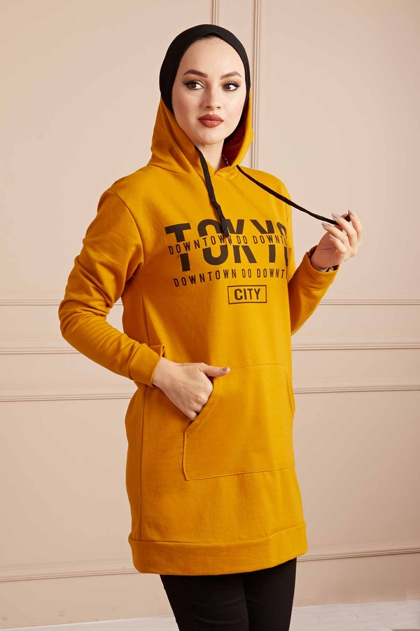 E - TOKYO Yazı Baskılı Spor Sweat 190E8767 Hardal (1)