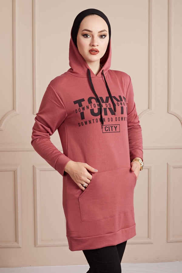 E - TOKYO Yazı Baskılı Spor Tesettür Sweat 190E8767 Mürdüm (1)