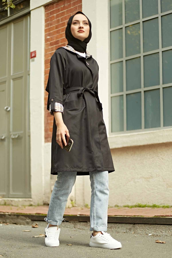 Trench coat with Plaid Detail 5058-1 Black