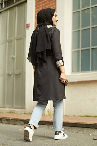 Trench coat with Plaid Detail 5058-1 Black - Thumbnail