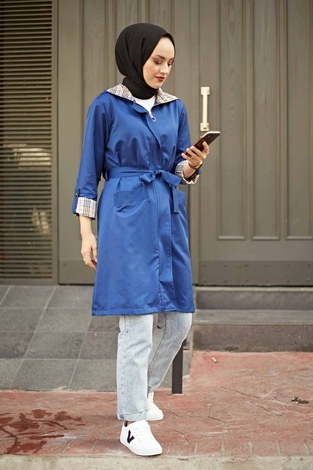 Trench coat with Plaid Detail 5058-2 Blue - Thumbnail