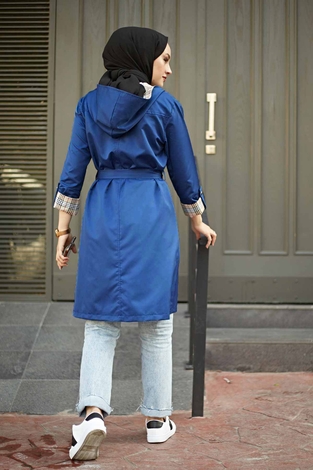 Trench coat with Plaid Detail 5058-2 Blue - Thumbnail