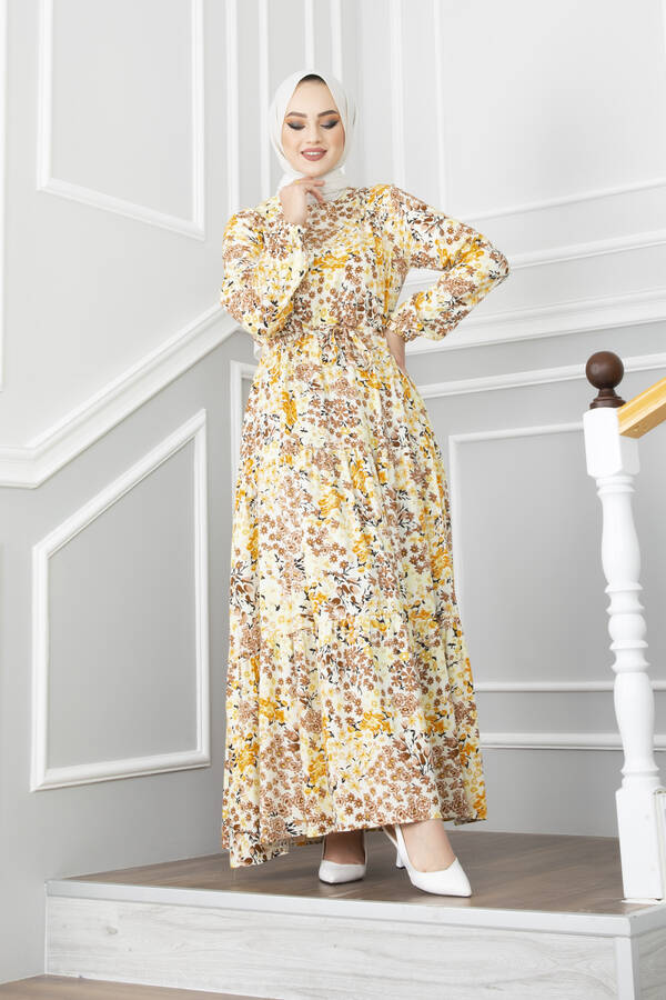 Tünel Kemerli Çiçek Desenli Elbise 100MD-10497 Sarı