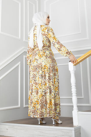 Tünel Kemerli Çiçek Desenli Elbise 100MD-10497 Sarı - Thumbnail