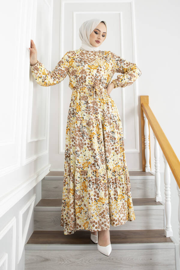 Tünel Kemerli Çiçek Desenli Elbise 100MD-10497 Sarı