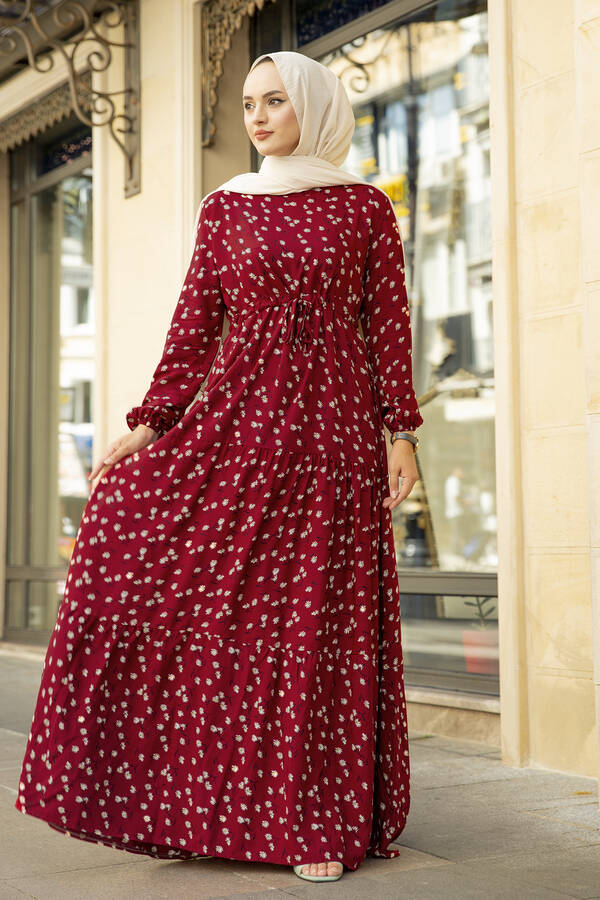 SB - Tünel Kemerli Çiçekli Elbise 180SB-9707 Bordo