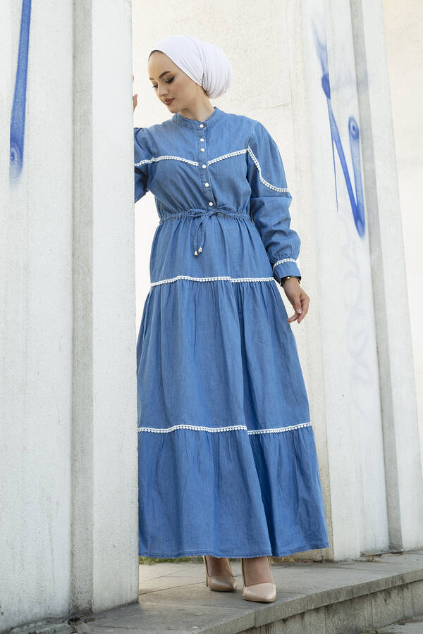 Tünel Kemerli Kot Elbise 100MD-1510 Açık Mavi