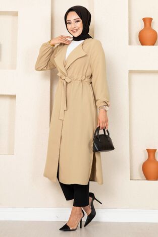 Tünel Kemerli Tesettür Kimono Latte - Thumbnail